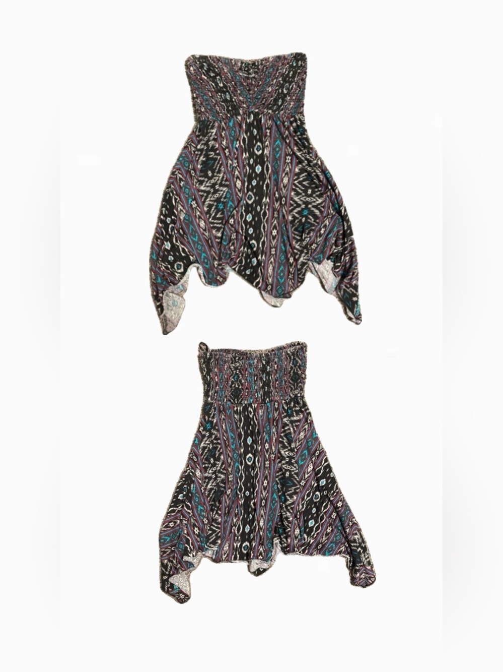 Bohemian Black Patterned Handkerchief Hem Skirt - Black/Turquoise/Purple